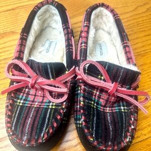 Crewcuts Red and Black Plaid Faux-Fur Lined Moccasins K13
